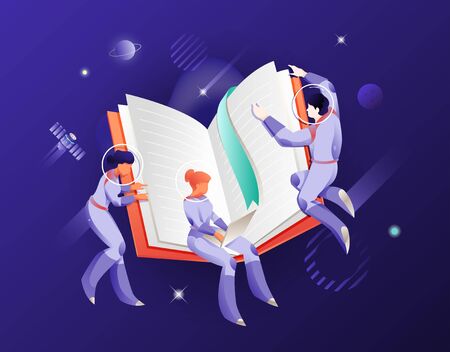 Open book and astronauts in space suits and helmets. Vector metaphor of  guidance or help. The cosmic concept for websites and app designのイラスト素材
