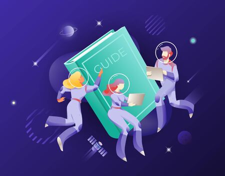 Guide book and astronauts in space suits and helmets. Vector metaphor of  guidance or help. The cosmic concept for websites and app designのイラスト素材