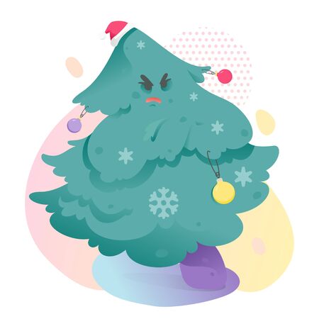 Angry Christmas Tree in Santa hat and bad mood. Christmas and New Year season concept.のイラスト素材