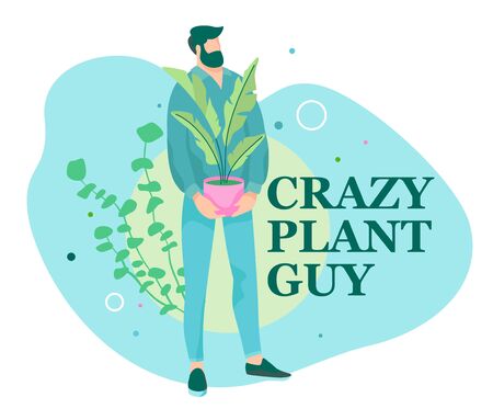 Crazy plant man with a houseplant in a pot. Trendy illustration with a guy holding an indoor plant. Urban jungle and plants theme.のイラスト素材