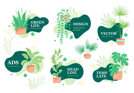 Greenery stickers or advertising templates set for social media banners, apps, web pages, internet promotion. Microstock vector illustration isolated on white background.のイラスト素材