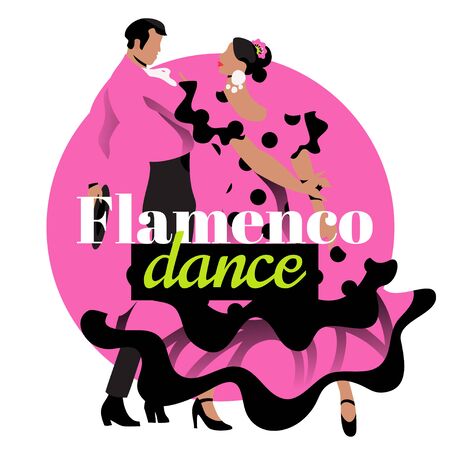 Pink flamenco dancers template with text. Two modern faceless characters in Spanish dance pose isolated on white background.のイラスト素材