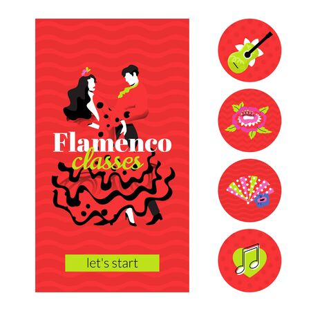 Flamenco classes design template in 9:16 aspect ratio with highlights icons. Dancing couple in traditional costumes. Layout with text for social media stories, promo materials.のイラスト素材