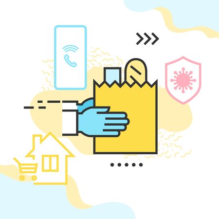 Grocery delivery due to the COVID-19 quarantine vector illustration. Big package with grocery, shield with virus icon, mobile phone, and house with shopping cart within.のイラスト素材