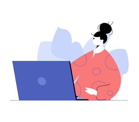 Home office vector illustration with young woman working with laptop. Modern stylish design for app and websites. Isolated on white background.のイラスト素材