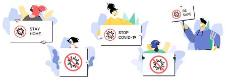 Young female and male characters in masks with COVID-19 posters. Anti-coronavirus demonstration, self-isolation appeal, solidarity and prevention call. Vector scalable illustration template.のイラスト素材