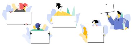 People characters with blank placards in hands. Vector template with copy space for text. Activist, protesting, promotion, and advertising usage.のイラスト素材