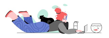 Work Home Be Safe. Young woman working home. Female character lays on the floor with laptop and works. Freelance, self-employed and self-isolation usage.のイラスト素材