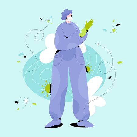 Medic in protective suit putting on gloves. Modern vector illustration of person character in white medical face mask. Stop Coronavirus concept. のイラスト素材
