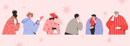 Sick modern faceless characters of people due to pandemic. Men and women in headache, flu, and coughing. Stop Coronavirus concept. のイラスト素材
