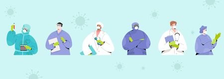 Young female and male doctors and nurses in face masks with medical gears. Modern vector illustration of person characters in gloves and headgears. Stop Coronavirus concept. のイラスト素材