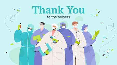 Thank you for the helpers poster design with doctors and nurses in protecting clothes.