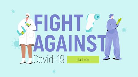 Fight against virus banner template. Doctor and nurse in protective uniforms over text. Stop Coronavirus concept.のイラスト素材