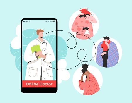 Online doctor and patients vector illustration with modern characters. Doctor in white suit on mobile screen and sick people avatars around.のイラスト素材