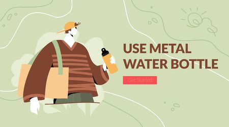Use Metal Bottle words with man character holding a metal water bottle. Vector banner template of a green lifestyle, reusable equipment, no plastic concept.のイラスト素材