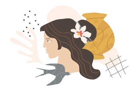 Female head with pot and flying swallow. Creative freehand composition in contemporary abstract style with pastel colors. Trendy design for print, card, poster, social media. Vector art.のイラスト素材