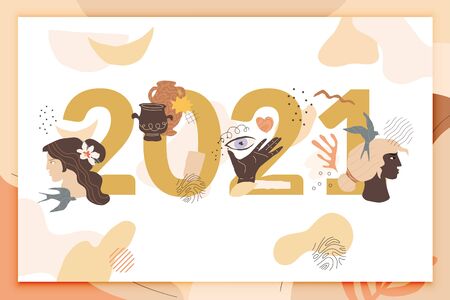 2021 typography design. Contemporary abstract composition with female profiles, black hand, pots,...