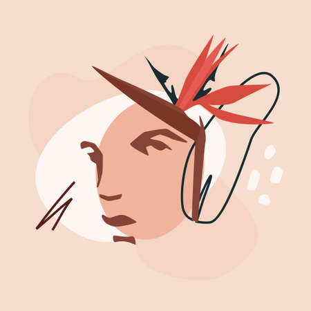 Male face and strelitzia.Abstract trendy floristic design isolated on a blush pink background. Modern illustration for web or app design, wall decoration, brand identity materials.のイラスト素材