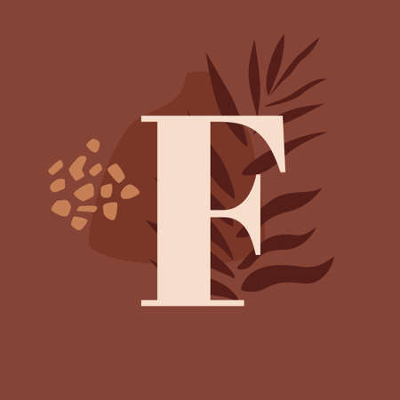 F letter square banner template. Pot and leaves on brown background.のイラスト素材