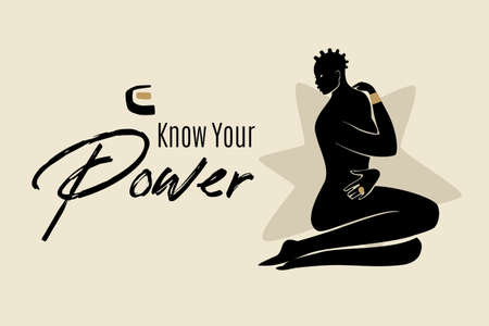 Know Your Power banner template with sitting African American woman silhouette. Modern vector abstract flat stock graphic illustration with young beautiful black woman wearing golden ring.のイラスト素材