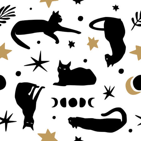 Balck cats, golden stars and moon phases seamless pattern.のイラスト素材