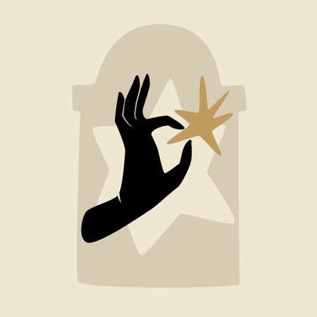 Black hand with star on gray background. Black female mystical concept. Emblem in boho style.のイラスト素材