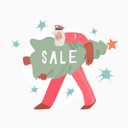 Santa Claus in sailor suit with Christmas tree and word SALE. Modern seasonal persona design over white background. Vector conceptのイラスト素材