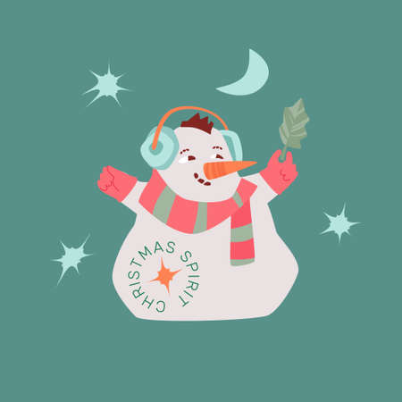Happy Snowman greeting card in contemporary flat modern style with round stamp template. Vector hand-drawn seasonal design.のイラスト素材