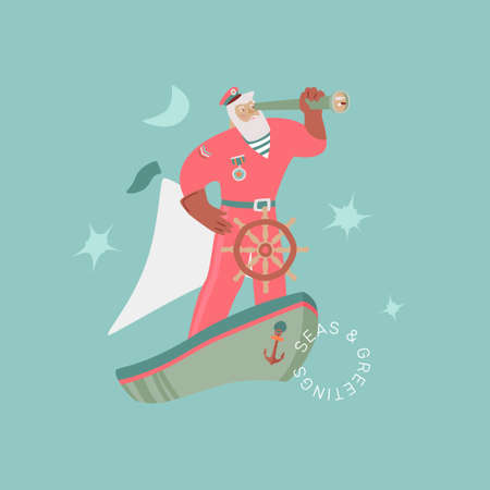 Santa The Sailor creative Christmas card. Santa Claus in a sailor suit with spyglass on the boat. Vector seasonal conceptのイラスト素材