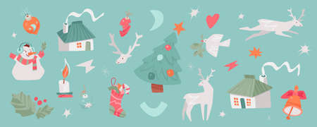 Christmas clipart in contemporary style. Vector hand-drawn illustration concept.Christmas tree, dove...