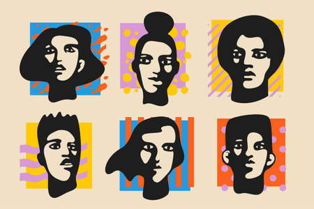 Male and female faces over bright backgrounds. Pop-styled stencil vector illustration. Modern pop-art composition for posters, covers, placards, handbills, flyers, web banners, social media posts.のイラスト素材