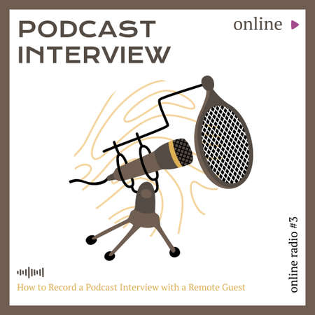 Podcast interview banner template with microphone. Modern vector design in square. Minimalistic flat concept.のイラスト素材