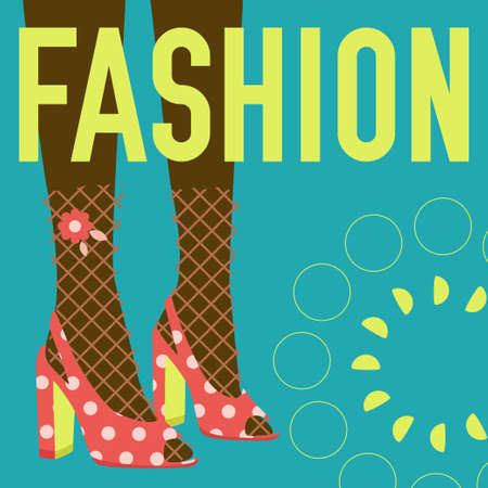 FASHION word and female legs in socks and high heels. Bright colorful fashion design. Vector banner template for shoe themed businesses.のイラスト素材