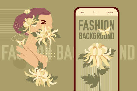 Fashion background banner template with woman trendy silhouette, chrysanthemum flowers, butterfly, and mobile phone. Elegant pastel-colored vector design. Feminine concept.のイラスト素材