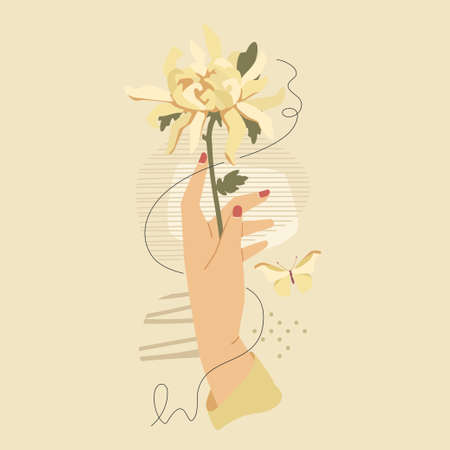 Hand with white chrysanthemum flower over modern abstract shapes. Vector fashion vintage style illustration isolated on beige background. Feminine beauty concept.のイラスト素材