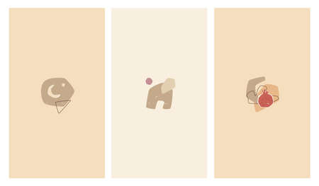 Abstract highlight covers set for social media stories 1080x1920 px each. Trendy geometric shapes in pastel colors. Contemporary vector art. Moon, house, and pomegranate.のイラスト素材