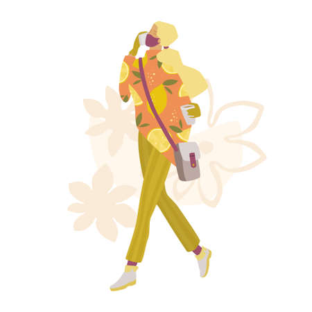 Young woman in bright sweatshirt with lemon pattern and face mask. Trendy vector illustration of lady wearing gloves, handbag and holding coffee cup. New fashion pandemic concept.のイラスト素材
