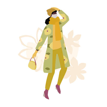 Black woman in mask and bright outfis. Trendy vector illustration of lady wearing gloves, handbags,...