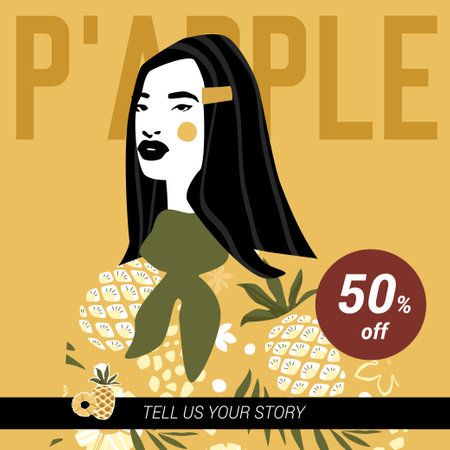 Pineapple square banner template with young girl in pineapple sweater. Trendy fashion design in mustard colors. Season sale or beauty product discount vector concept.のイラスト素材