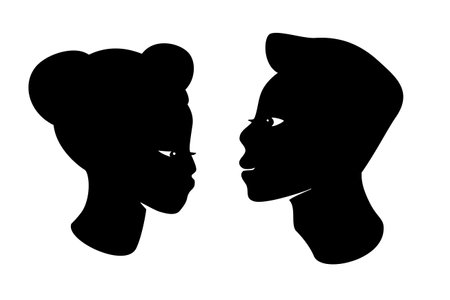 Black couple profile slhouettes in linocut style. Vector illustrations isolated on white background.のイラスト素材