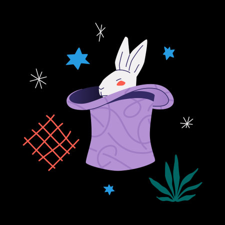 Rabbit in a hat vector illustration over black background. Trendy colored flat design about illusion and magic in our life.のイラスト素材
