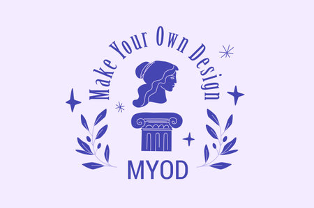 Make Your Own Design vector emblem or badge in blue color. Antique female profile, ionic column and olive brunches as template for your own sign.のイラスト素材