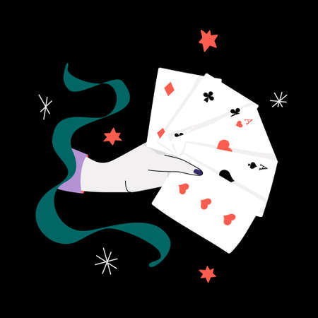 Hand with playing cards, stars, and ribbon. Gambling, tricks, and entertainment vector concept....
