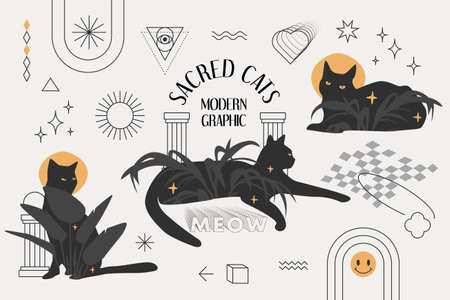 Sacred Cats modern graphic design. The eclectic style set with black cats, palm leaves, stars, halos, and geometric elements. Trendy vector composition.のイラスト素材