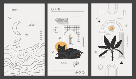 Modern social media stories templates with black cat, palm tree, landscape, arches, moon, and geometric shapes. 1082 px x 1920 px each. Vertical contemporary design in black, gray, and golden colors.のイラスト素材
