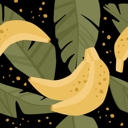 Banana seamless pattern over black background. Tropical vector repeatable design. Square composition.のイラスト素材
