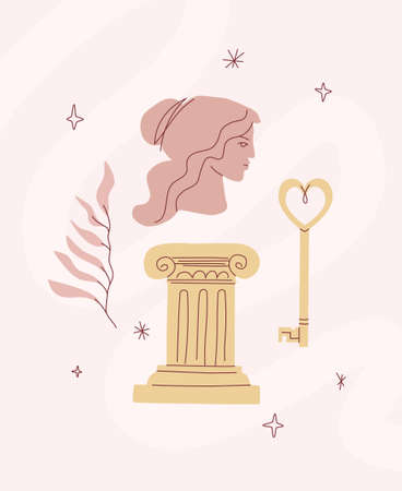 Female antique profile, column, key, and branch. Greek flat vector design in pastel colors. Feminine tender design.のイラスト素材