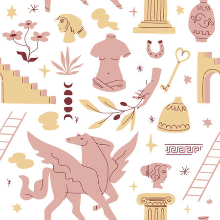 Greek seamless pattern with Pegasus, female torso, ladders, antique female profiles, ionic column, key, and hand with olive branch. Vector repeatable design in pastel colors. Simple flat illustrations.のイラスト素材
