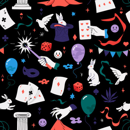 Magic show seamless pattern. Vector repeatable design with illusionist props such as playing cards, doves, magic wand, face mask, hat, rabbit, dices, balloons isolated on black background.のイラスト素材