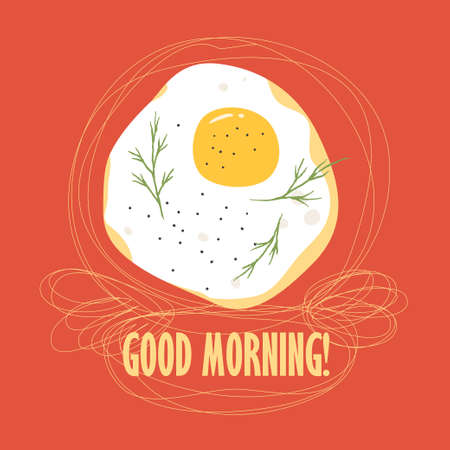 Good Morning poster template with fried egg, dill, and text in hand-drawn lines as a frame. Vector graphic over red background.のイラスト素材
